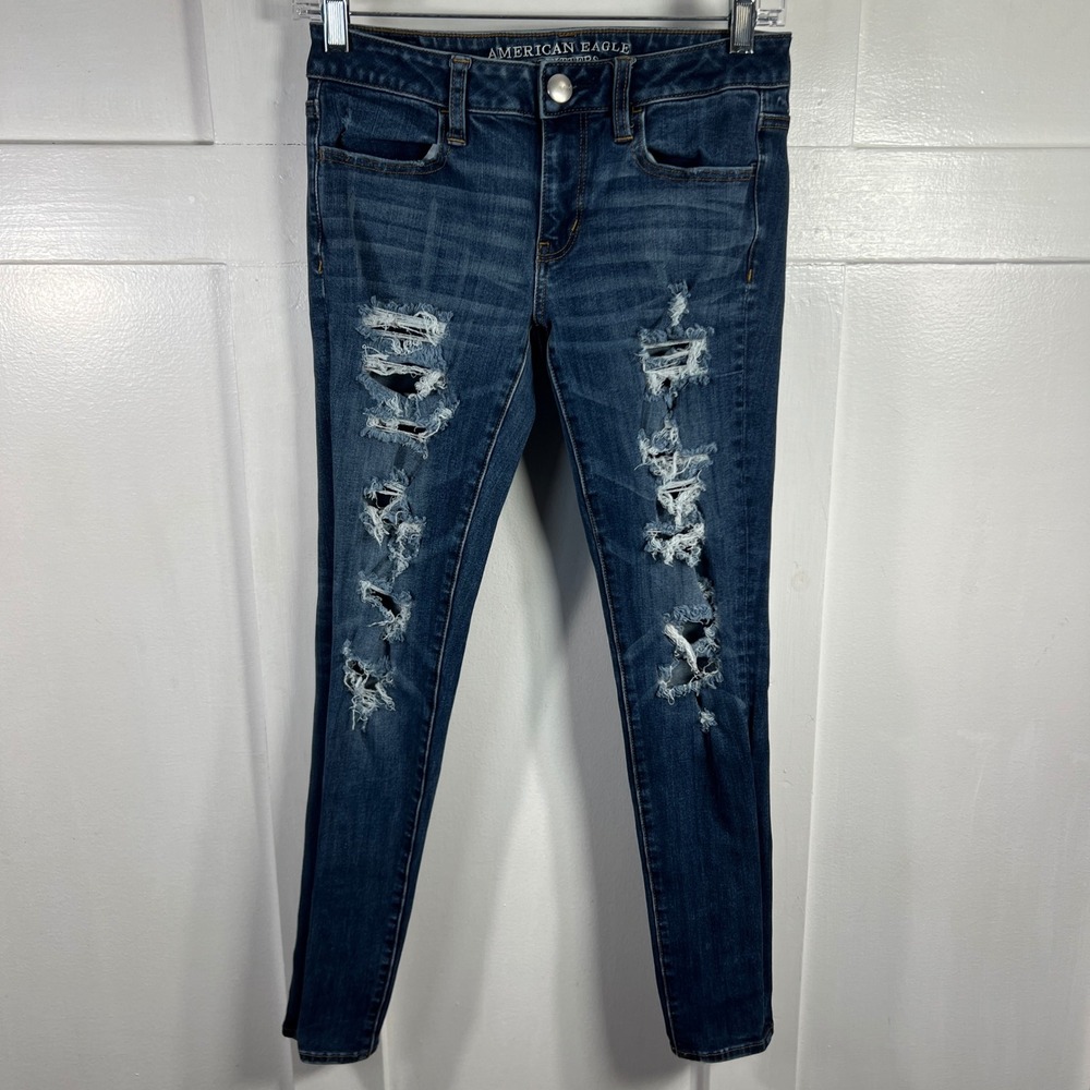 American Eagle Womens Jeans Dark Wash Distressed Skinny Super Stretch Size 4